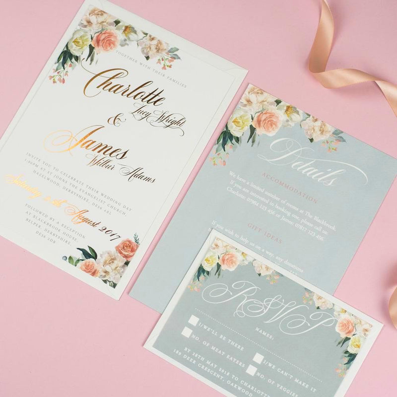 Foil Charlotte Pretty Floral Wedding Invitations– EivisSa Kind Designs